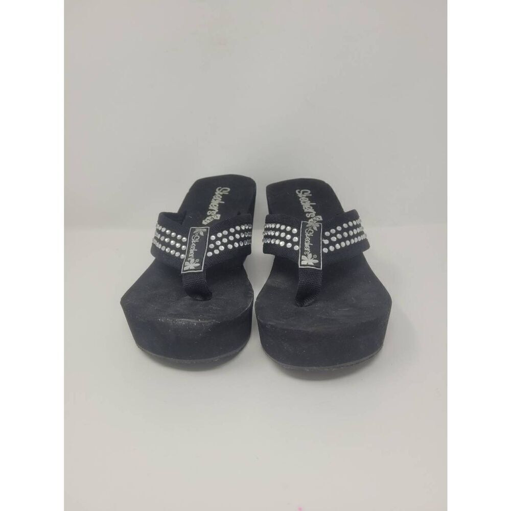 Skechers Womens Sz 6 Wedge Sandals Black Rhinestone Bling Slip On Flip Flop